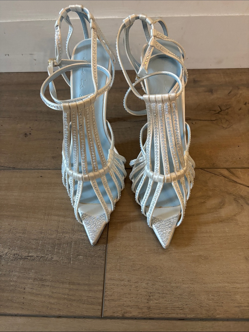 Beaded Strappy Pointed-Toe Heels in Ivory
